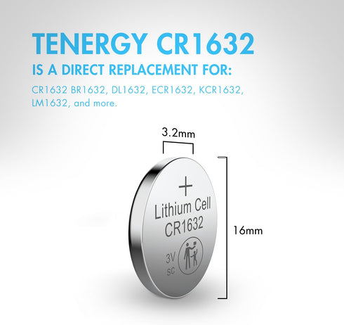 Tenergy CR1632 3V Lithium Button Cell, 10 Count Pack (2 Packs) for Watches, Key Fobs, Medical Devices, and More