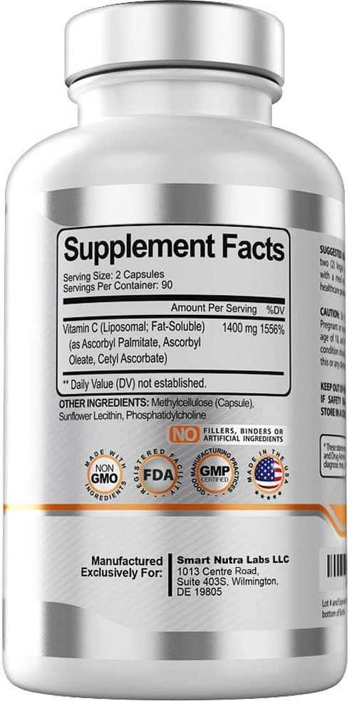 Liposomal Vitamin C 1400mg, 180 Vegan Capsules, Fat Soluble High Absorption VIT C for Immune System Support