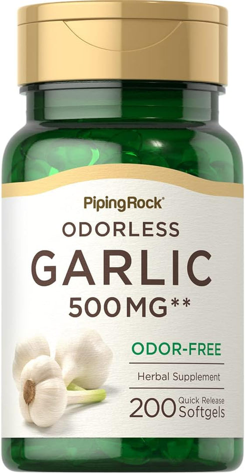Piping Rock Odorless Garlic Softgels 500mg | 200 Pills | Non-GMO, Gluten Free Herbal Extract Supplement