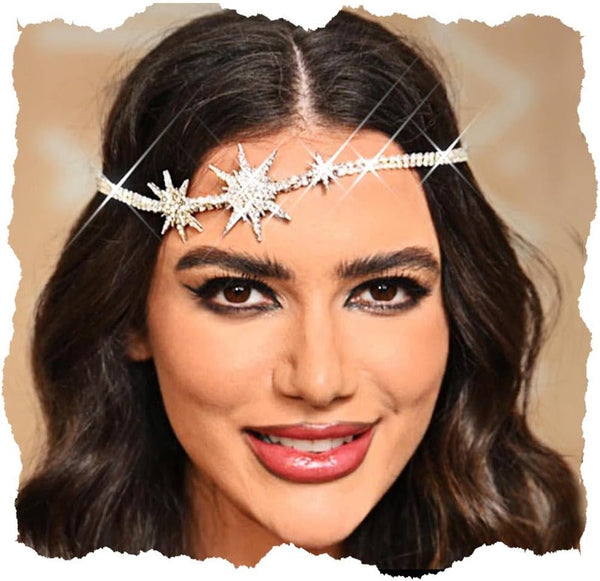 Rhinestone Star Head Chain, Silver Crystal Sparkly Hair Jewelry Accessories for Women
