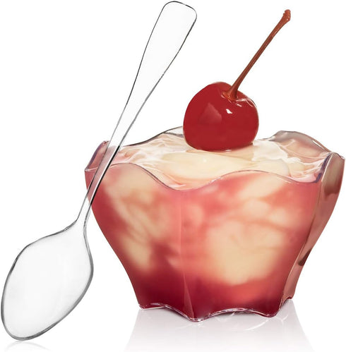 Flower Shape Mini Bowl with Spoons Included, 50 Count Clear Plastic, 2.7 Ounce