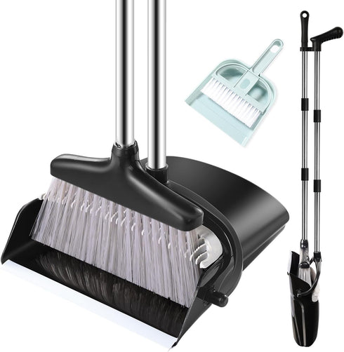 Broom and Dustpan Set with Long Handle, Windproof Stand Up Dustpan with Broom Combo for Home Use