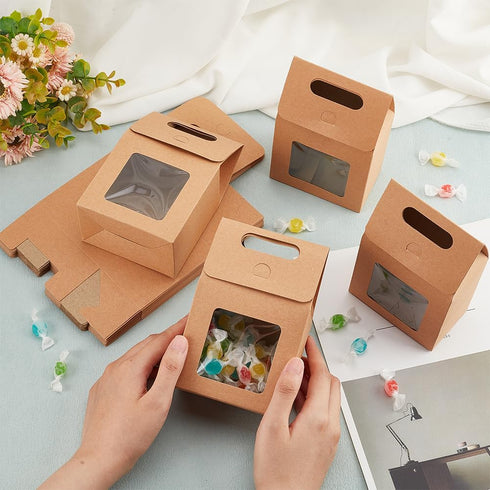 PH PandaHall 24pcs Kraft Paper Goodies Boxes with Clear Windows for Christmas, Halloween, Treats, 2.3x3.9x3.7 inch