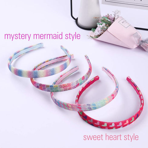 Rainbow Headbands, 8 Pcs Sweet Hairbands for Girls, Sequin Printed Heart Mermaid Kids Hair Pieces