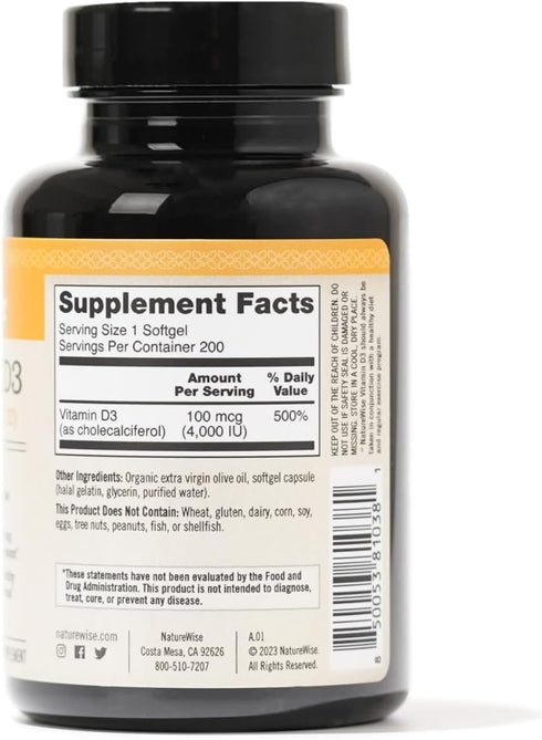 NatureWise Vitamin D3 4000iu (100 mcg) for Healthy Muscle Function & Immune Support, Non-GMO, Gluten Free, 200 Count