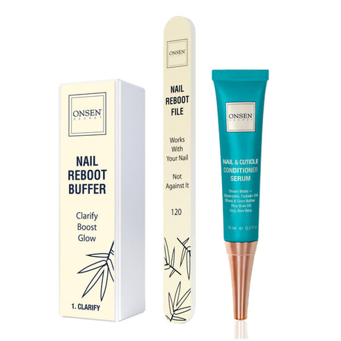 Onsen Japanese Nail File Buffer Sparkle-KIT 1.0 with 120/180 Grit Nail File, Cuticle Serum, and 3-Way Buffer Block