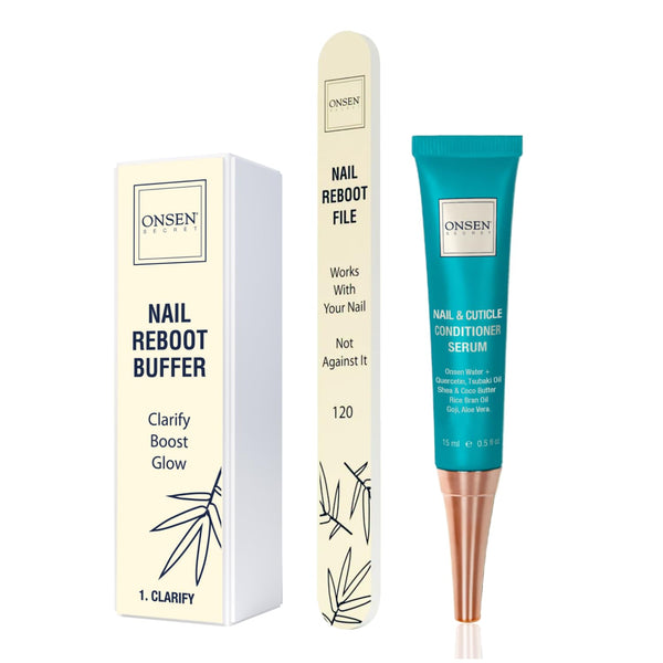 Onsen Secret Cuticle Cream Bundle - Nail Cuticle Oil, Double Sided Nail File, Japanese Natural Healing Minerals