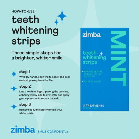 Zimba Vegan Teeth Whitening Strips, Enamel Safe Hydrogen Peroxide Whitener for Coffee, Wine, Tobacco Stains, 28 Strips
