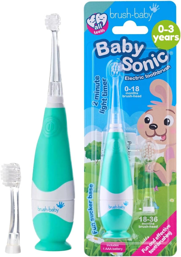 brush-baby BabySonic Electric Toothbrush for Ages 0-3 Years, Teal - Smart LED Timer & 2 Sensitive Brush Heads