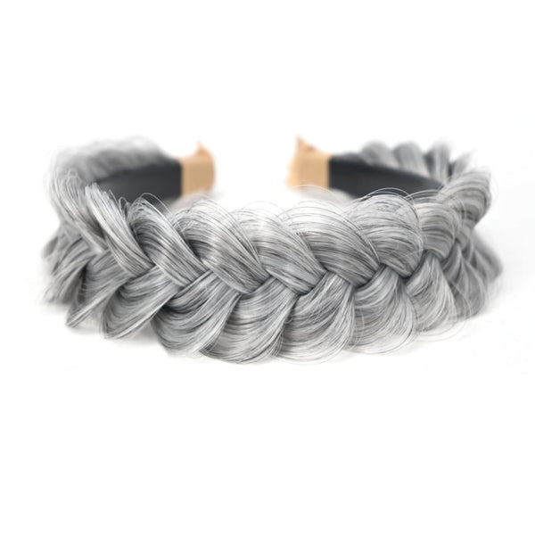Wide Braided Headband Hoop Hair Accessories for Women and Girls, Elastic Non-slip Band (Silver Grey)