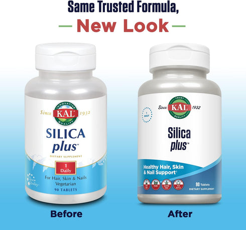 KAL Silica Plus, Silica Gel with Horsetail Extract, Healthy Hair, Skin & Nails Support, Maximum Absorption, Vibrant Hair, Glowing Skin Supplement, Vegan, Gluten Free, 90 Serv, 90 Quick Dissolve Tabs