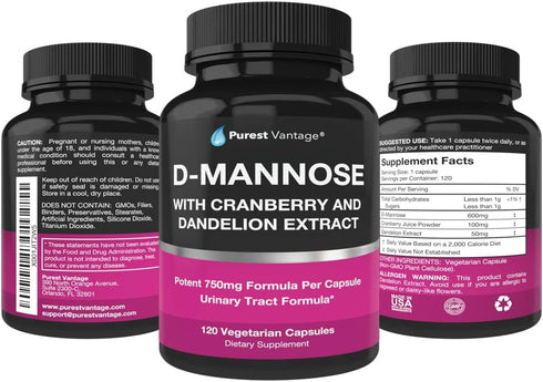 D Mannose Capsules - 600mg D-Mannose Powder with Cranberry and Dandelion Extract - 120 Veggie Caps