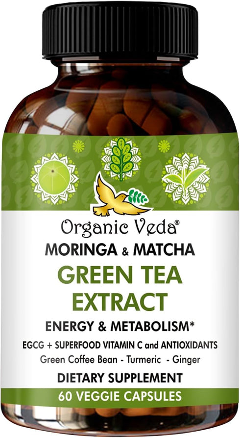Organic Veda Moringa & Matcha Green Tea Extract Supplement - Energy Boost & Metabolism Support, 60 Count Moringa