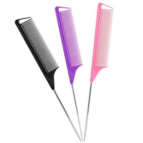 Rat Tail Combs Set: 3Pcs Long Steel Pin Teasing Combs for Salon Hair Stylists, Metal Parting Combs