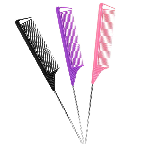 Rat Tail Combs Set: 3Pcs Long Steel Pin Teasing Combs for Salon Hair Stylists, Metal Parting Combs