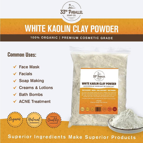 Organic White Kaolin Clay Powder (1 LBS / 16 oz) - 100% Natural Cosmetic Grade for Facials and Soap Making