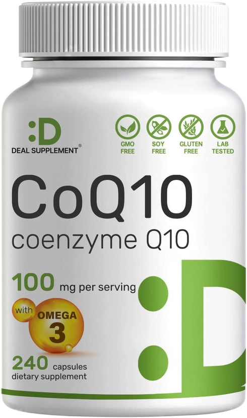 CoQ10 100mg - 240 Capsules with Omega 3 Fatty Acid 100mg, Bioavailable Coenzyme Q10 for Heart, Energy & Brain Health