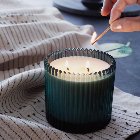 Roland Pine Two-Wick Forest Green Ribbed Glass Candle