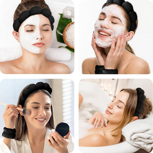 Spa Headbands for Washing Face, Wristband Set, Sponge Makeup Skincare Headband, Soft Terry Towel Cloth Hairband (Black)