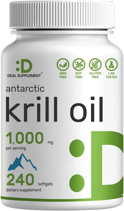 DEAL SUPPLEMENT Antarctic Krill Oil 1,000mg, 240 Softgels – Rich in Omega-3s, EPA, DHA, Astaxanthin, Non-GMO