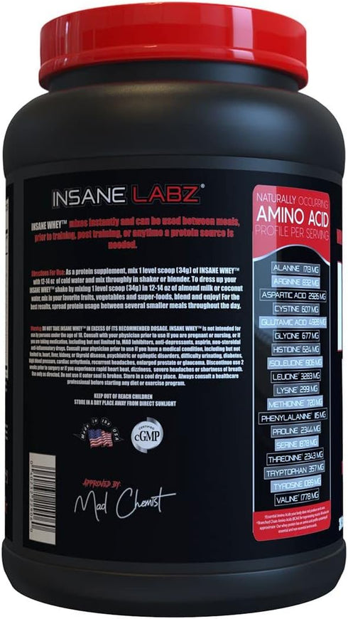 Insane Labz Insane Whey - 100% Muscle Building Whey Protein, BCAA Amino Profile, Mass Gainer, Meal Replacement - 30