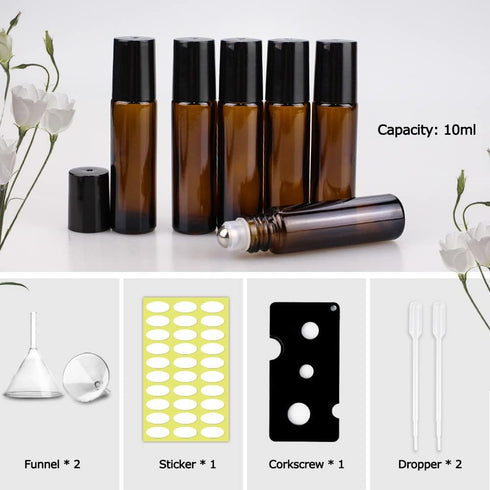 sungwoo 12 Pack Essential Oil Roller Bottles Stainless Steel, 10ml Amber Glass Roller Bottles with Caps for Travel, Perfume and Lip Gloss by sungwoo