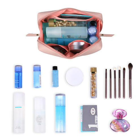 Narwey PU Leather Pink Makeup Bag, Travel Cosmetic Bag Toiletry Organizer with Compartments for Women