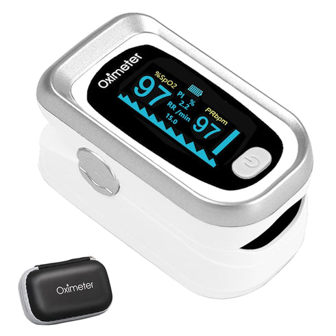 Fingertip Pulse Oximeter, Blood Oxygen Saturation Monitor with Rotatable OLED Screen and Storage Case (Silver)
