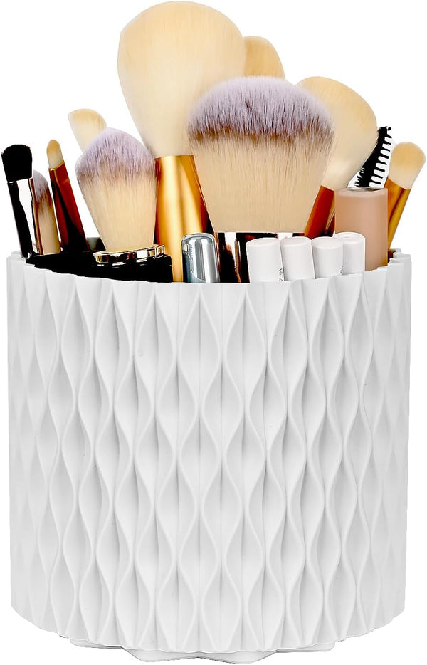 WAFJAMF Makeup Brush Holder, 360 Rotating Storage Cup for Vanity, Bathroom Countertop, 5 Slot Container - Pearl White