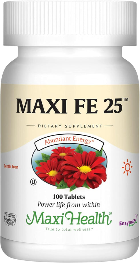 Maxi Health Iron Supplement for Women & Men, Gentle Iron 25 mg, Non-Constipating, 100 Tablets