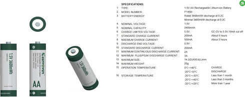 Keeppower 1.5V 3600mWh (4 Pack) Li-ion AA Rechargeable Batteries Lithium Double A Battery
