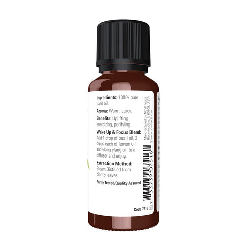 NOW Essential Oils Basil Oil, 100% Pure, Energizing Aromatherapy Scent, 1-Ounce, Vegan, Child Resistant Cap