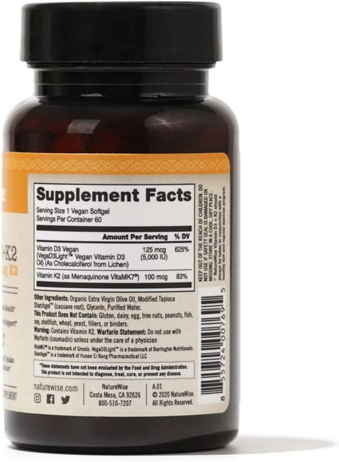NatureWise Vitamin D3 + K2 with Plant Based Vitamin D3 5000IU & 100mcg Vitamin K2 - Max Absorption - 60 Softgels