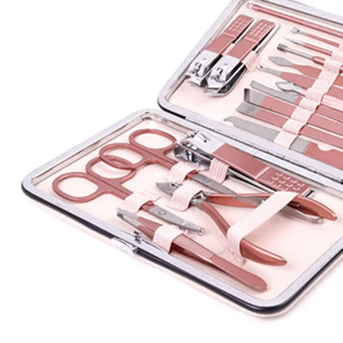 Nail Clippers and Beauty Tool Portable Set - Rose Gold Stainless Steel 18 in 1 Manicure Set with Leather Bag
