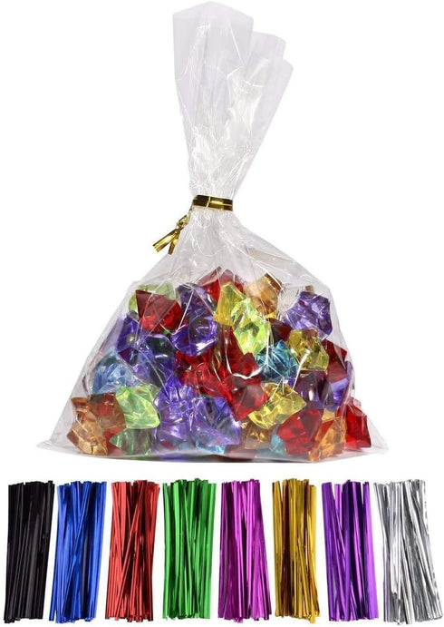 100 Pcs Clear Flat Cello Cellophane Treat Bags 10 in x 6 in with 5 Random Twist Ties for Bakery, Cookies