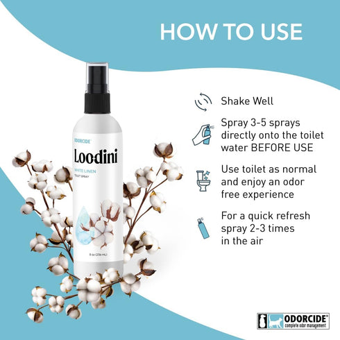 Odorcide Loo-Dini White Linen 8oz Toilet Spray, Bathroom Odor Eliminator, Poop Spray for Toilet and Bathroom