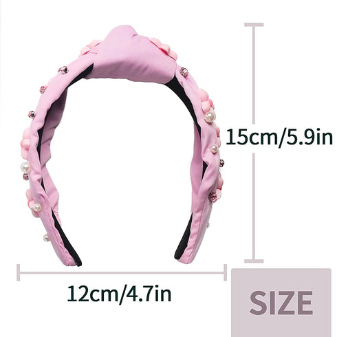 Pink Knotted Headband for Women Girls, Cute Flower Sparkle Rhinestone Floral Jeweled Twisted Hairband Fashion