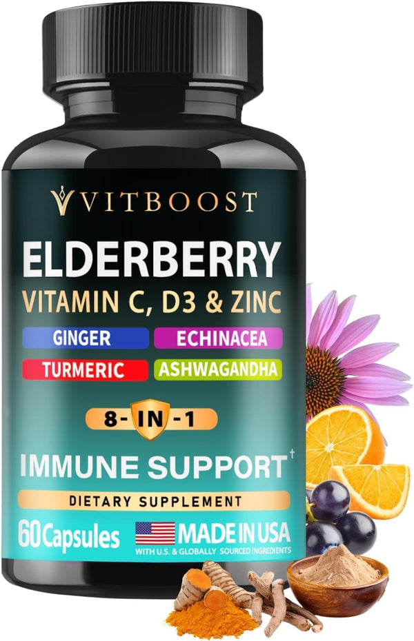 Elderberry Immune Support Supplement 8-in-1 Formula with Echinacea, Vitamin C & Zinc,