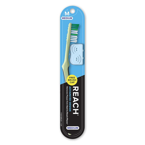 REACH Advanced Design Toothbrush with Toothbrush Cap, Angled Neck, Medium Bi-Level Bristles,