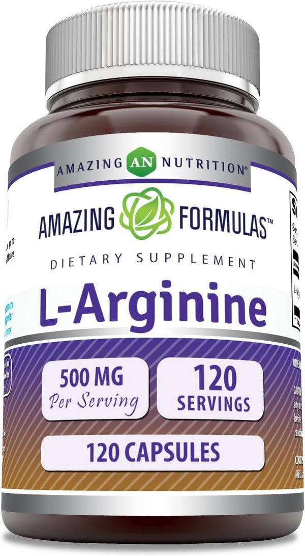 Amazing Formulas L-Arginine Supplement - 500 Mg Per Serving, Non-GMO, Gluten Free Capsules (120 Count)