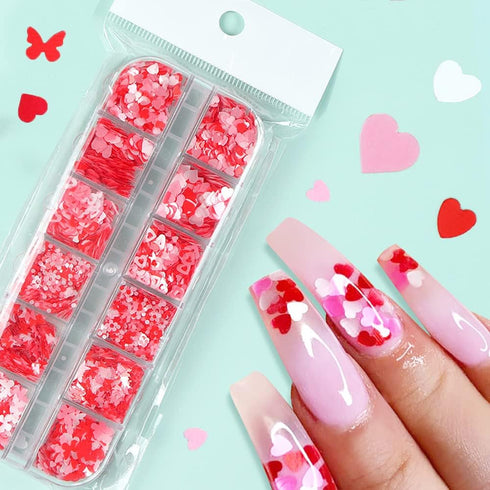 Valentines Nail Glitters Holographic Heart Sequins Mixed Design Nail Art Stickers Decals for Manicure (12Girds)