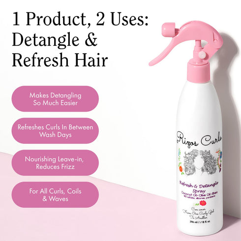 Rizos Curls Refresh & Detangle Spray, Moisturizing Leave-In with Coconut Oil, Aloe Vera & Shea Butter, 10 oz