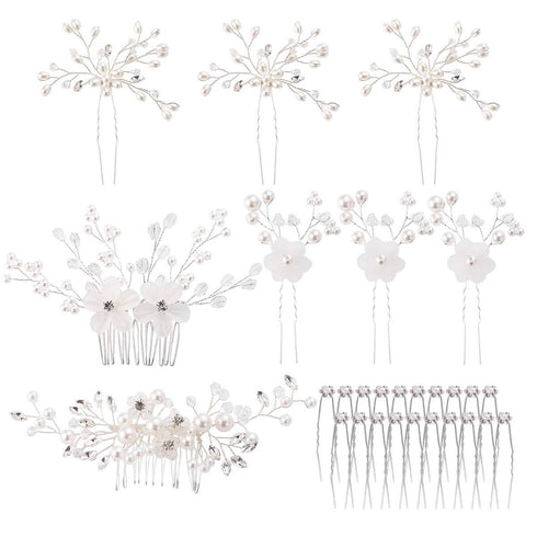 inSowni 28 Pack Silver Flower Pearl Wedding Bridal Hair Side Combs and U Shaped Hair Pins Clips for Women Girls