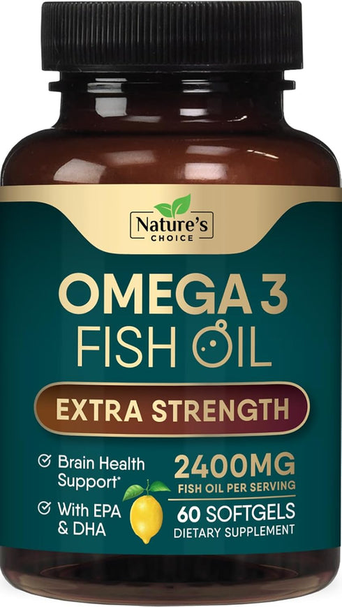 Triple Strength Omega 3 Fish Oil, 2400 mg Supplement - 60 Softgels for Brain & Heart Health Support