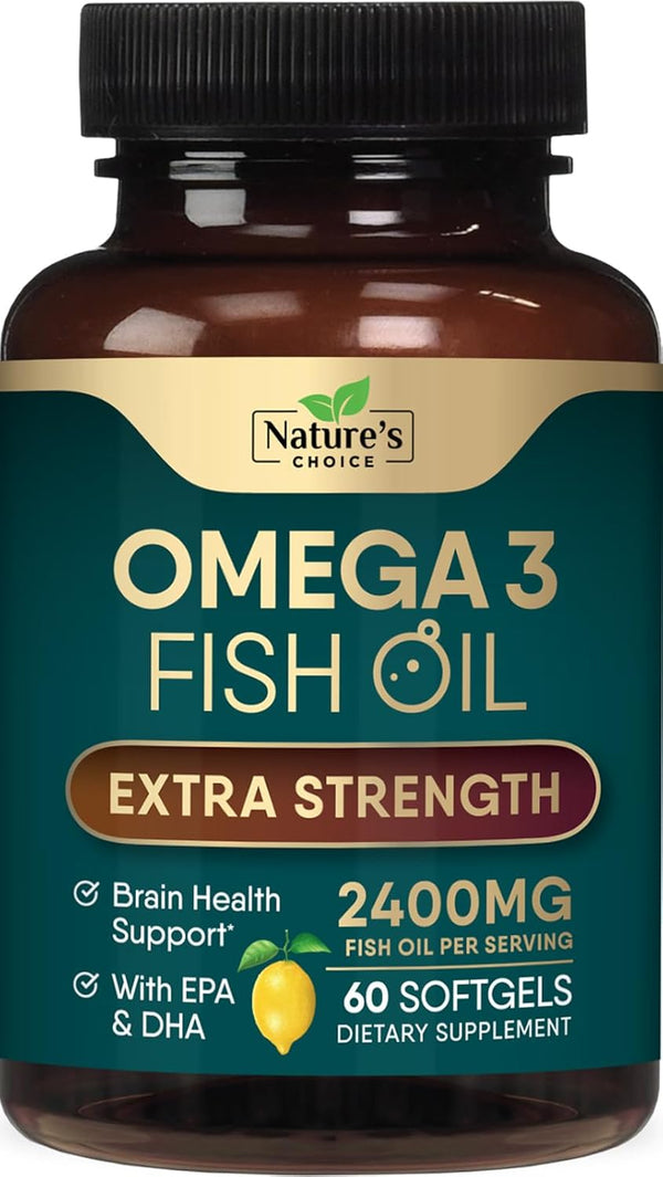 Triple Strength Omega 3 Fish Oil, 2400 mg Supplement - 60 Softgels for Brain & Heart Health Support