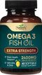 Triple Strength Omega 3 Fish Oil, 2400 mg Supplement - 60 Softgels for Brain & Heart Health Support