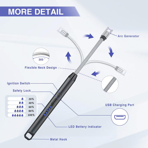 2 PCS Candle Lighter, Electric Arc Lighter with 360° Flexible Neck & LED Power Display, USB Rechargeable for BBQ,