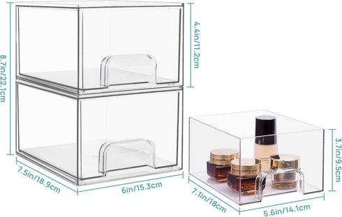 Vtopmart 2 Pack Clear Stackable Storage Drawers, 4.4'' Tall Acrylic Organizer for Bathroom, Vanity, Kitchen Cabinets,