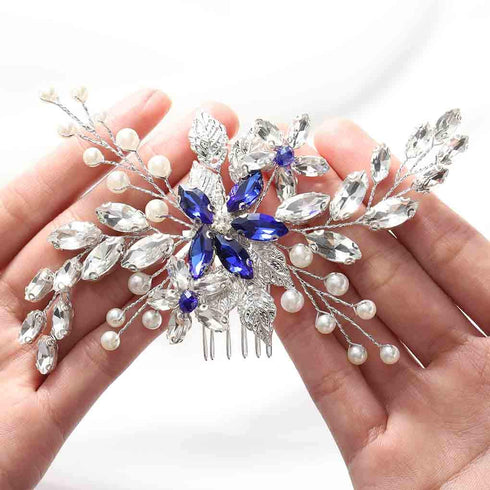 Olbye Blue Rhinestone Wedding Hair Comb Bridal Accessories for Bride and Bridesmaids Silver Hair Piece