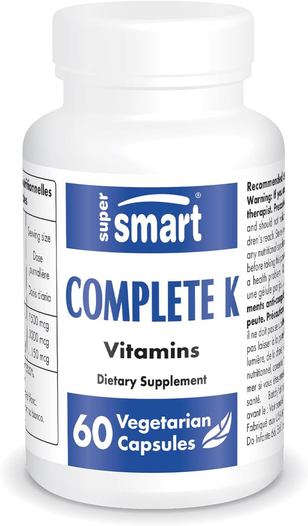 SuperSmart Complete K - K1, K2 (MK4 + MK7) Full Spectrum Vitamin K Supplement - 60 Vegetarian Capsules